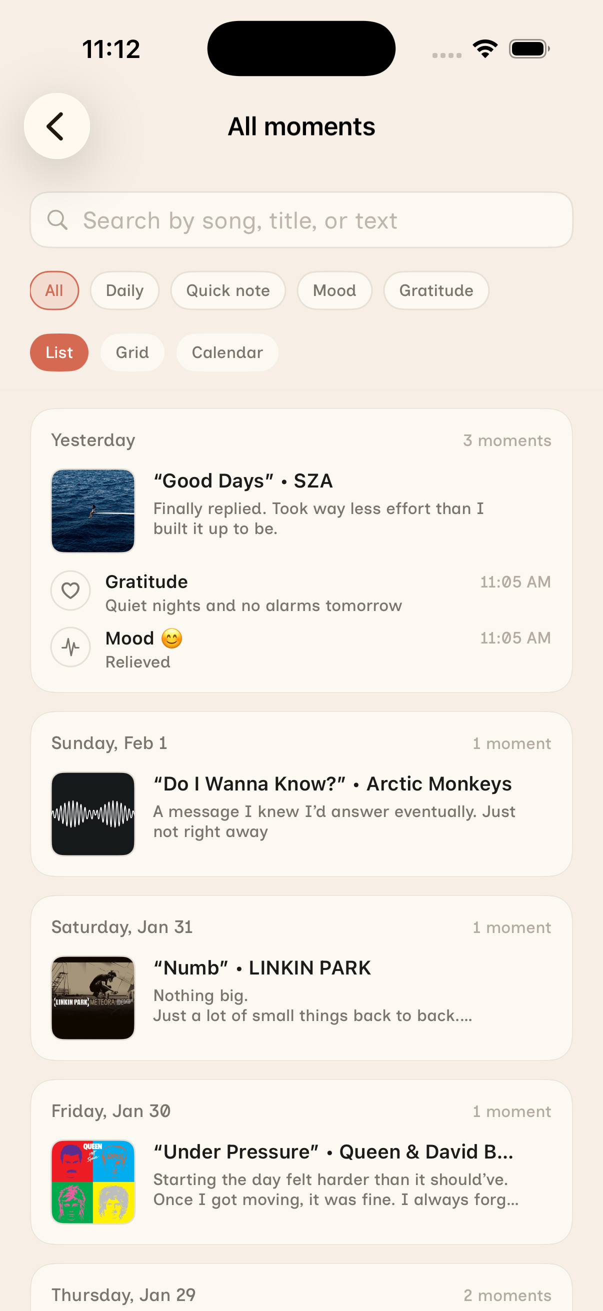 All moments list view