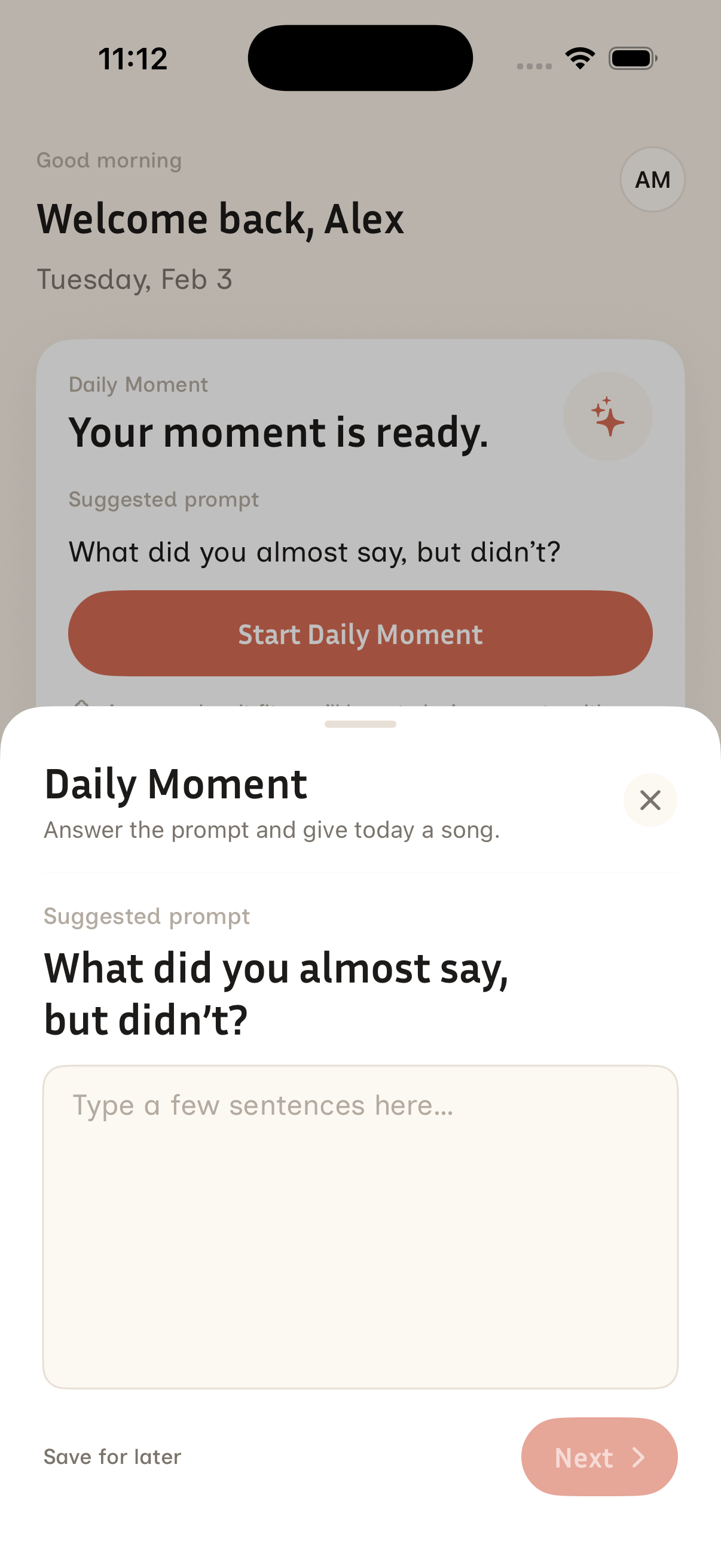 Daily Moment writing screen